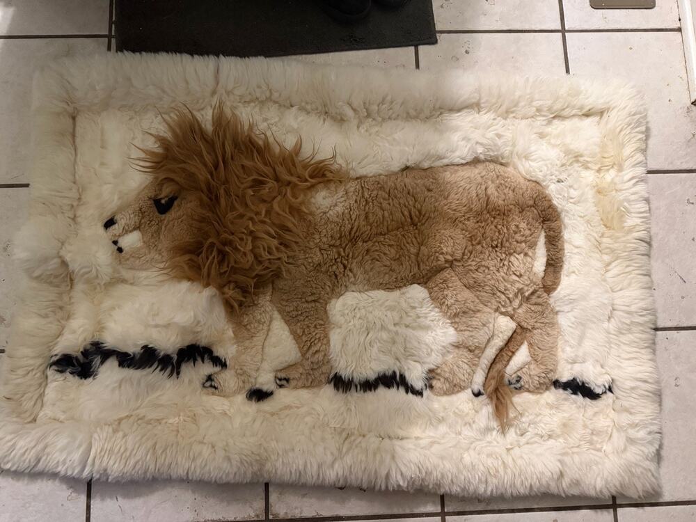 Mexican Mexico 100% Alpaca Fur Tapestry Rug 43x30 Lion Vintage Hole